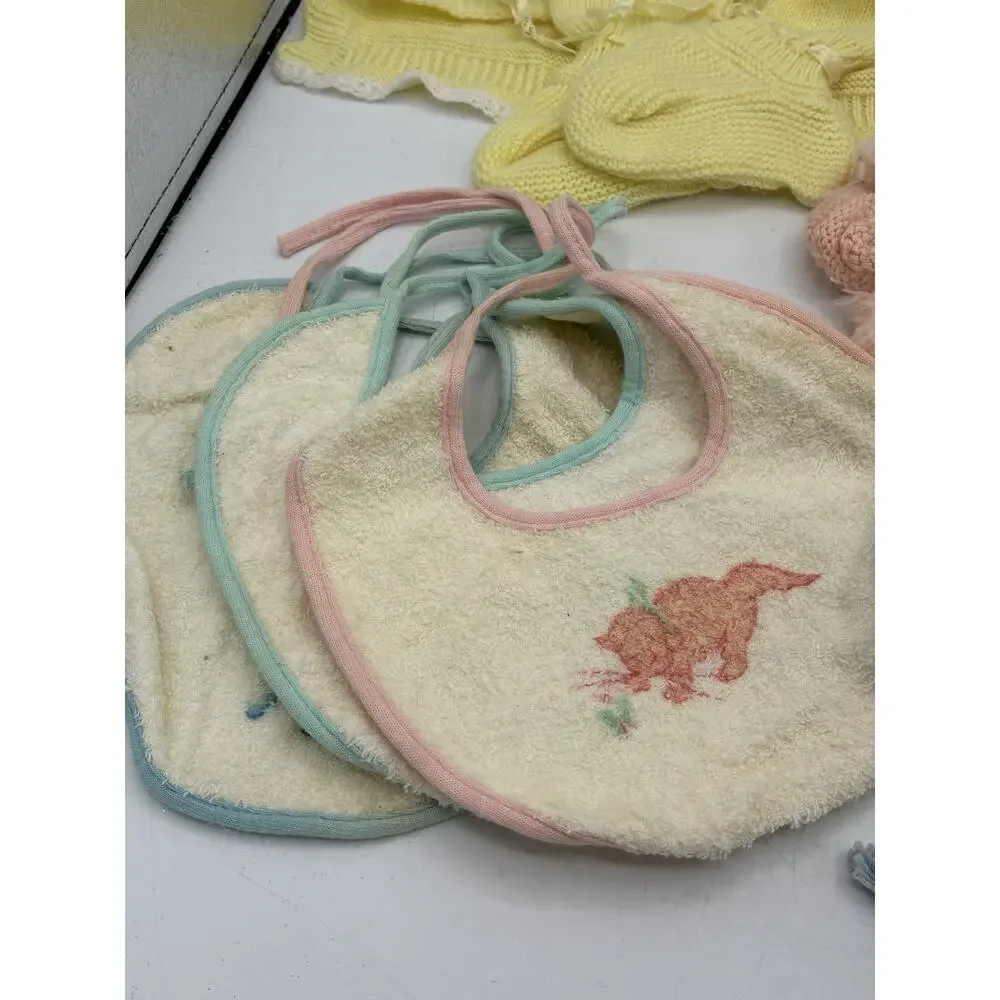 Vintage Baby Lot 10pc Carter’s Bibs Knit Booties Bonnets Corduroy Hat Beanie